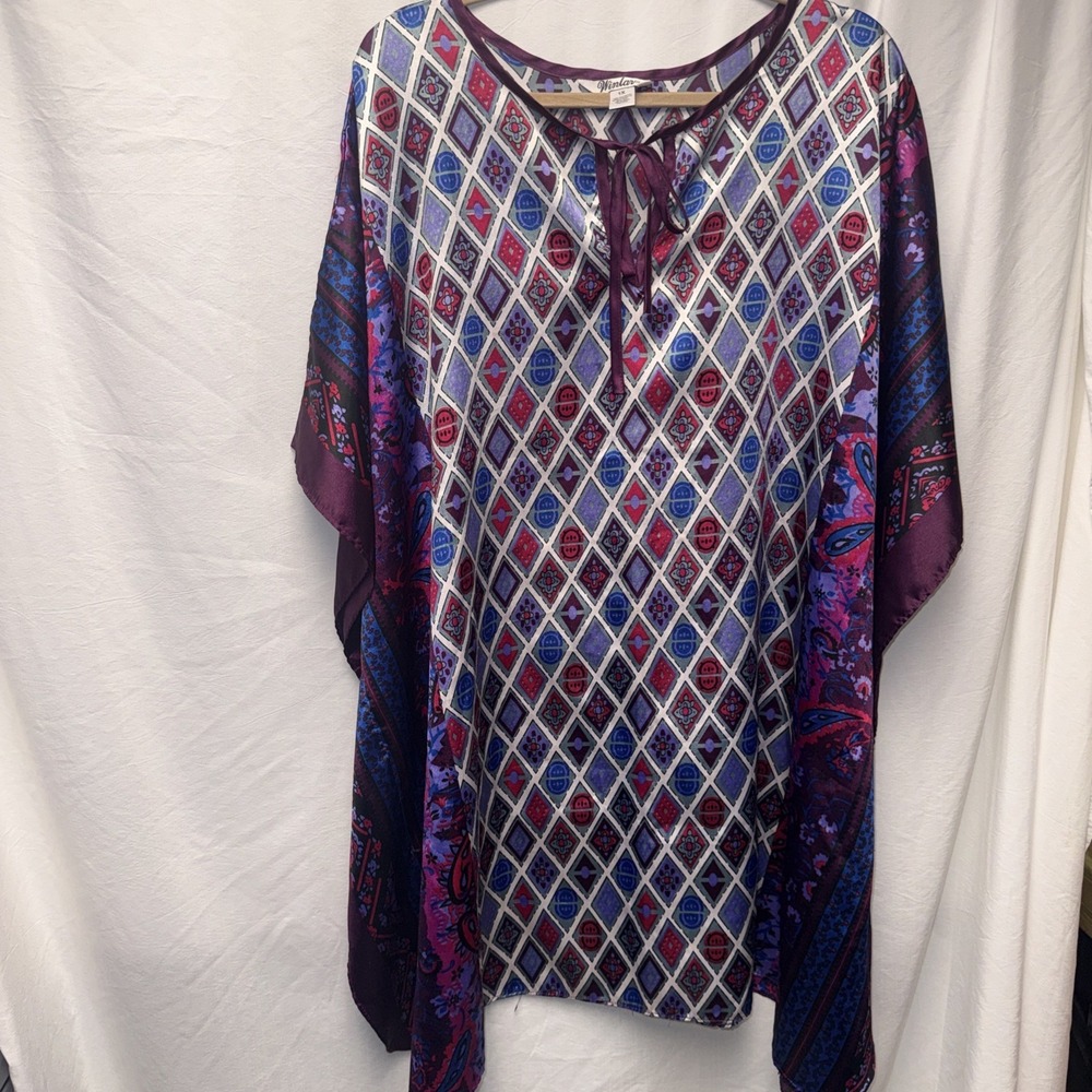 Winlar Multicolored Pull Over Caftan Top 1X Flowy Boho Silky